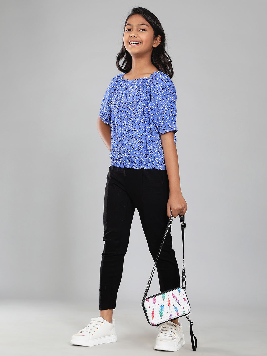 Girls Blue Printed Rayon Top