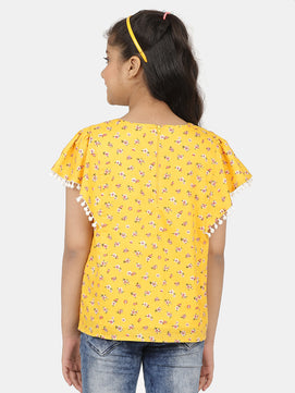 Girls Yellow Printed Cotton Top