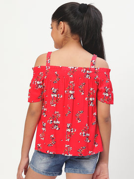 Girls Cold Shoulder Top in Red Printed Rayon