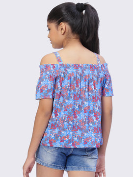 Girls Cold Shoulcer Top in Blue Printed Rayon