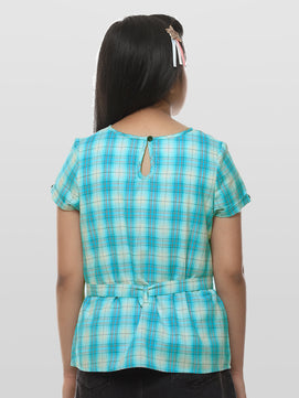 Girls Turquoise Blue Checked Cotton Top