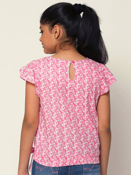 Girls Pink Printed Cotton Top