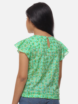 Girls Sea Green Printed Cotton