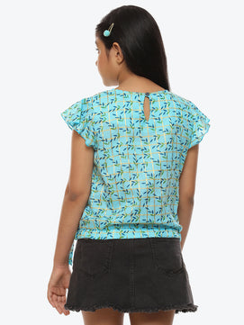 Girls Blue Printed Cotton Top