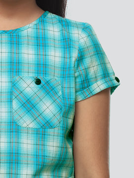 Girls Turquoise Blue Checked Cotton Top