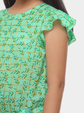 Girls Sea Green Printed Cotton