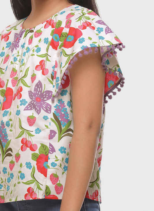 Girls Floral Print Cotton Top