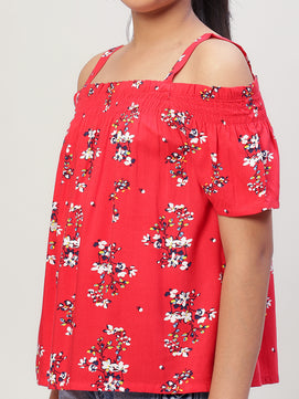 Girls Cold Shoulder Top in Red Printed Rayon