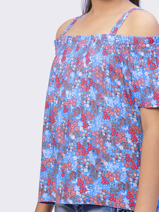 Girls Cold Shoulcer Top in Blue Printed Rayon