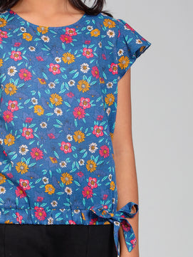 Girls Blue Printed Cotton Top