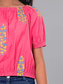 Girls Pink Printed Cotton Top