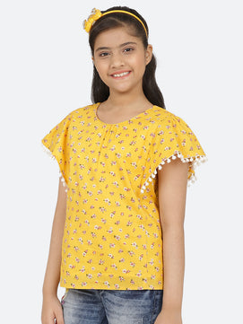 Girls Yellow Printed Cotton Top