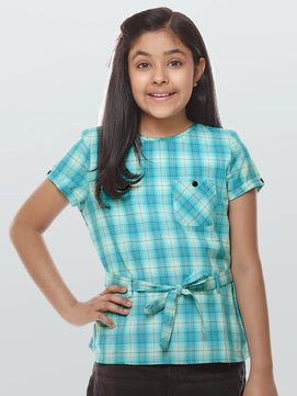 Girls Turquoise Blue Checked Cotton Top