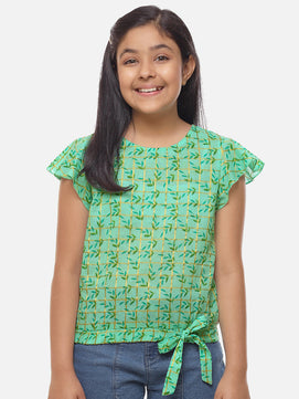 Girls Sea Green Printed Cotton