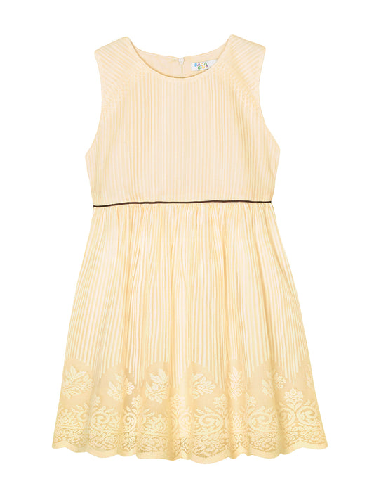 Girls Scalloped Hem Lace Dress in Beige Color