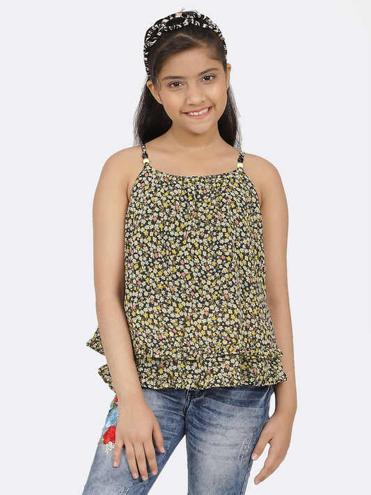 Girls Black Printed Georgette Top