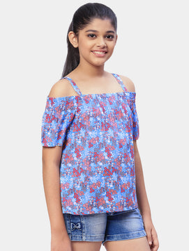 Girls Cold Shoulcer Top in Blue Printed Rayon