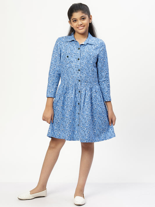 Girls Shirt Style Long Sleeves Dress in Cotton Twill