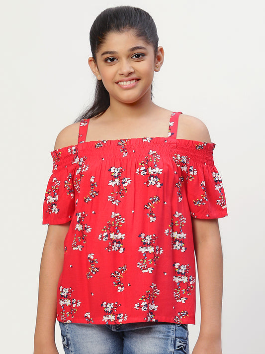 Girls Cold Shoulder Top in Red Printed Rayon