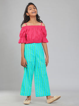 Girls Pink and Green Cotton Top & Palazzo Set