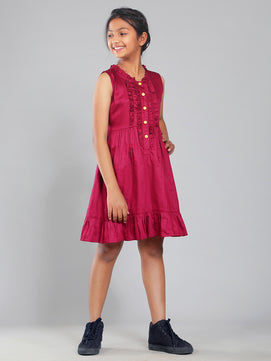 Girls Cotton Satin Dress in Wine Color