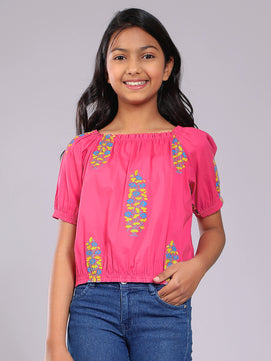 Girls Pink Printed Cotton Top