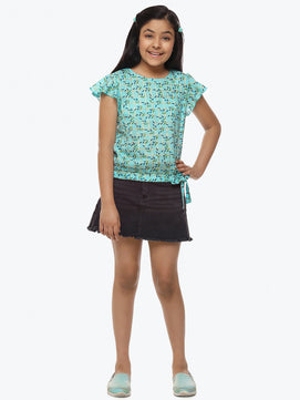 Girls Blue Printed Cotton Top