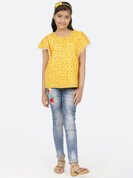 Girls Yellow Printed Cotton Top