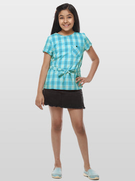 Girls Turquoise Blue Checked Cotton Top