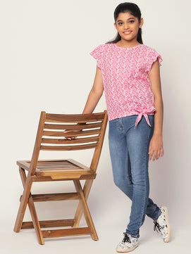 Girls Pink Printed Cotton Top