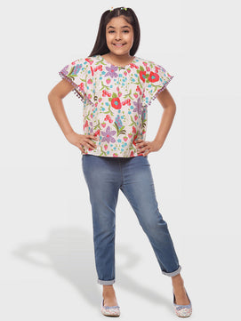 Girls Floral Print Cotton Top