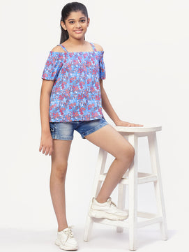 Girls Cold Shoulcer Top in Blue Printed Rayon