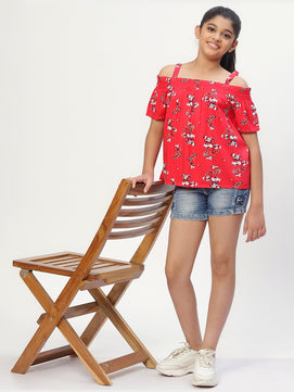 Girls Cold Shoulder Top in Red Printed Rayon