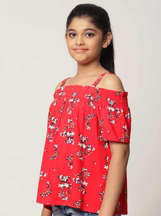 Girls Cold Shoulder Top in Red Printed Rayon