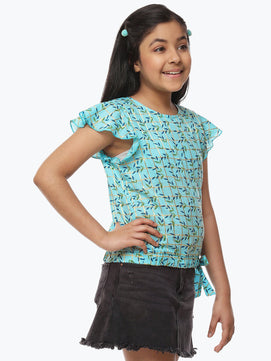 Girls Blue Printed Cotton Top