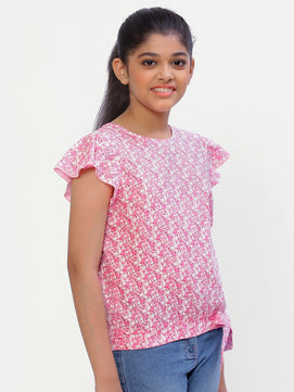 Girls Pink Printed Cotton Top