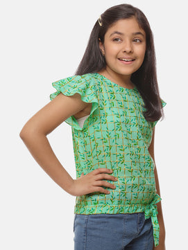 Girls Sea Green Printed Cotton