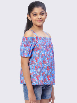 Girls Cold Shoulcer Top in Blue Printed Rayon