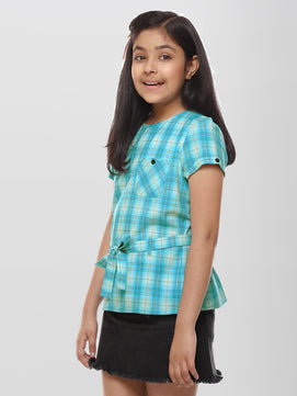 Girls Turquoise Blue Checked Cotton Top