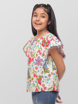 Girls Floral Print Cotton Top