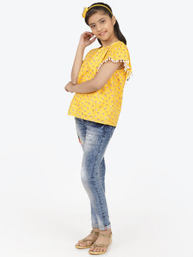 Girls Yellow Printed Cotton Top