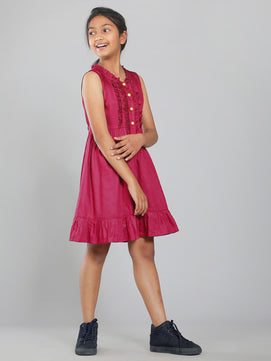 Girls Cotton Satin Dress in Wine Color