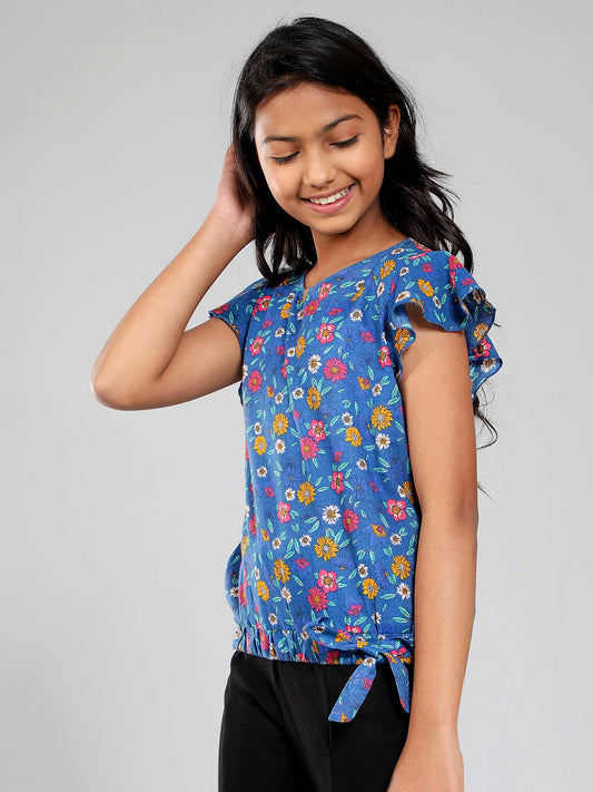 Girls Blue Printed Cotton Top