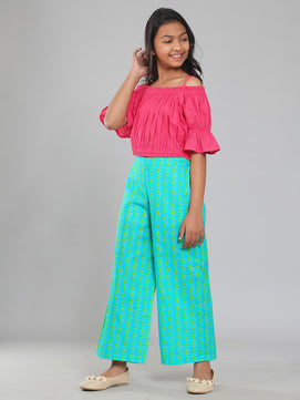 Girls Pink and Green Cotton Top & Palazzo Set