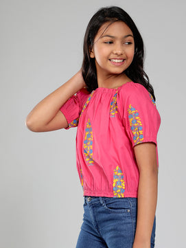 Girls Pink Printed Cotton Top