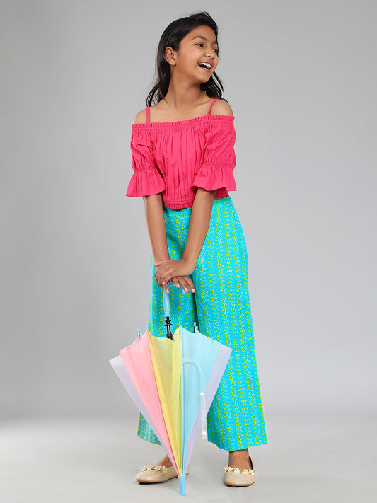 Girls Pink and Green Cotton Top & Palazzo Set